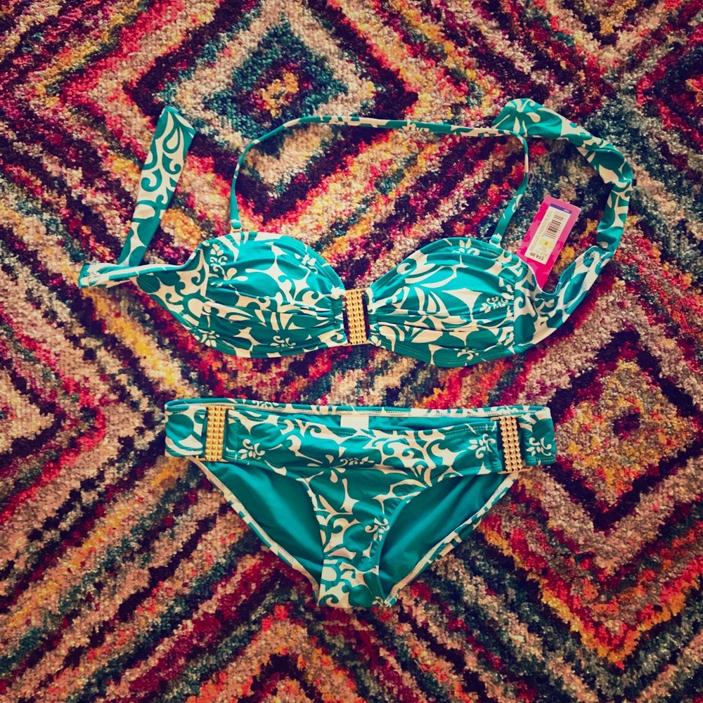 Teal and white bikini with gold broaches. W/ tags!